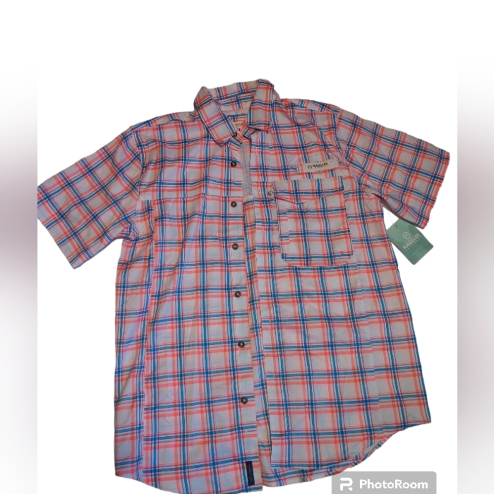Magellan Outdoor Men Fishing Gear Shirt. Size Small Peach/Blue  NWT